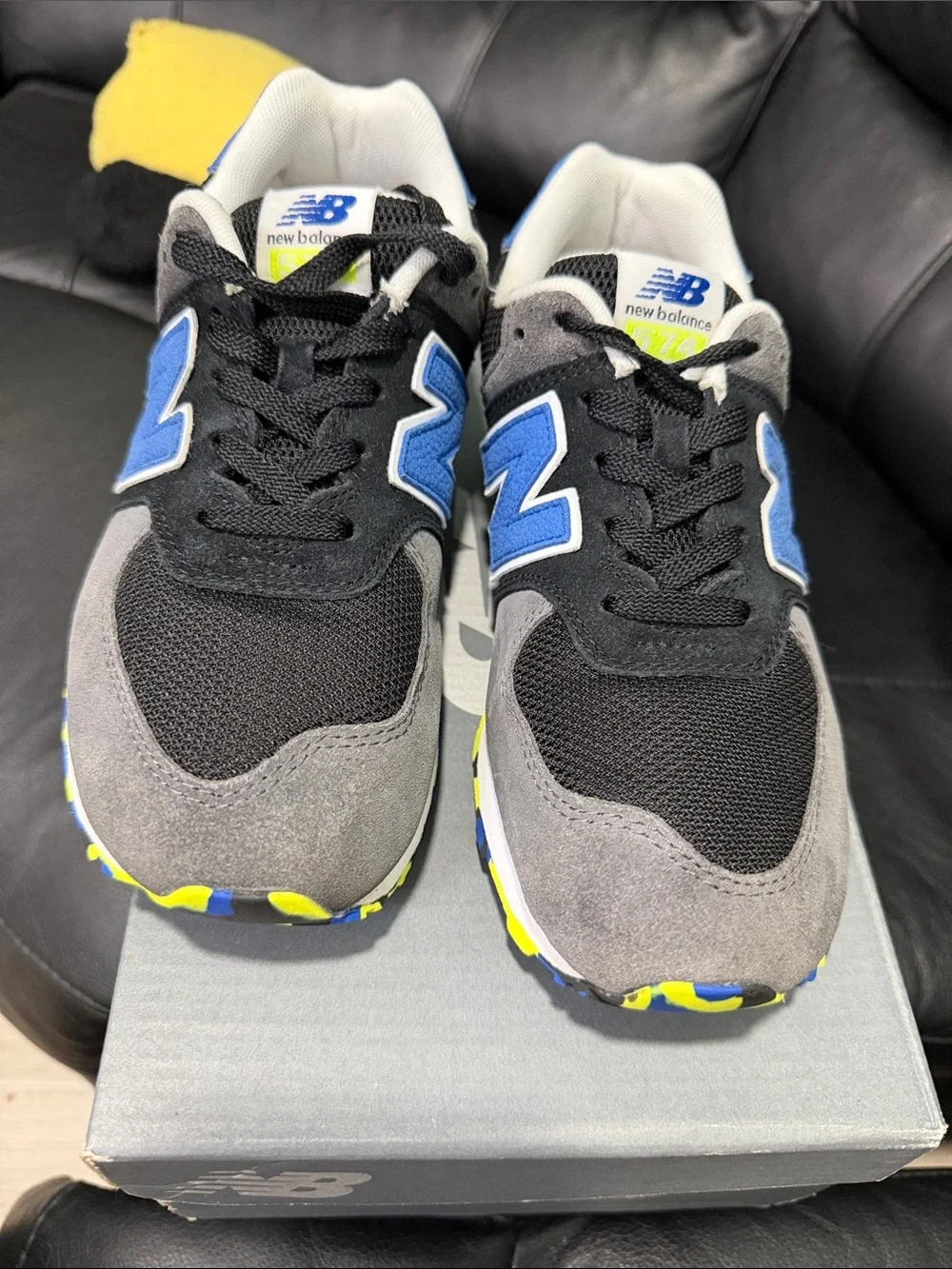 New Balance Kids Black, Gray & Blue Sneakers with Yellow Accent